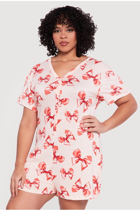Women's Plus Size Bow Print Pajama Romper