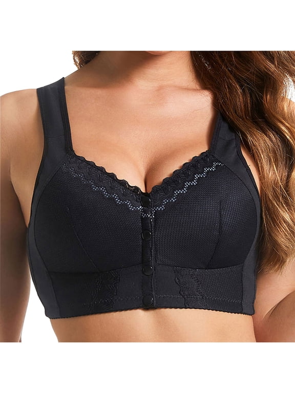 Women's Plus Size Bra, Bra Front Closure for Seniors, Breathable Comfort Wireress Bra Button Snap Underwear (M(38/85BC), Black)
