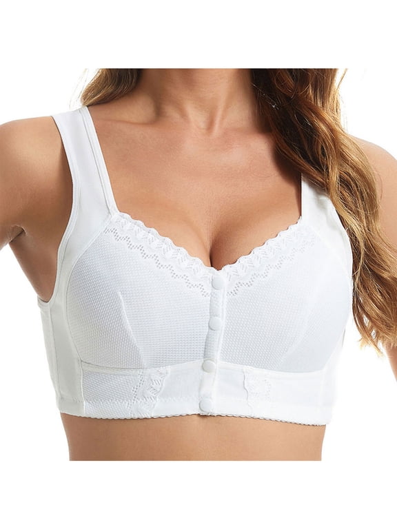 Women's Plus Size Bra, Bra Front Closure for Seniors, Breathable Comfort Wireress Bra Button Snap Underwear (XL(42/95BC), White)