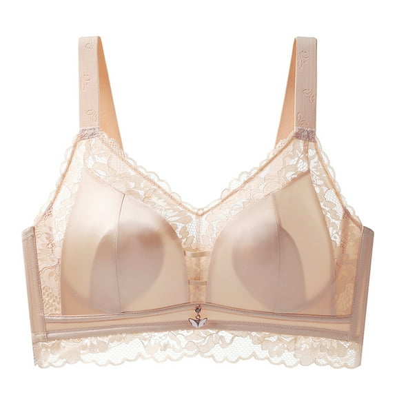 Women's Plus Size Bra for Large Bust Wirefree Lace Trim Push-up Bra Full Coverage Supportive Comfort Seamless Bralette, Beige