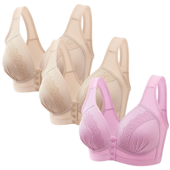 Women's Plus Size Bras, 3 Pack Daisy Lace Bra for Older Women Front Button Bras Front Closure Everyday Bra Cozy Wireless Full Coverage Bras S-3XL Womens Bras Clearance under $5