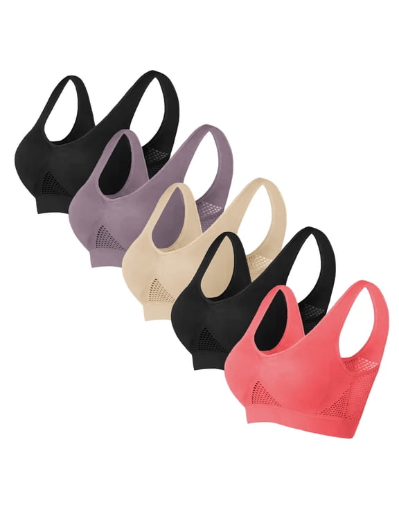 Women's Plus Size Bras, 5 Pack Sports Bras for Women Full Coverage Wirefree Non Padded Workout Bras Full Support Everyday Bra S-6XL