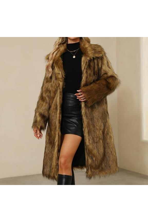 Women's Plus Size Brown Faux Fur Coat Long V-Neck Warm Long Sleeve Jacket for Winter