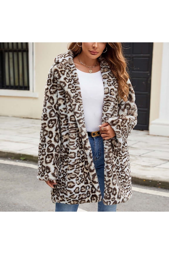Women's Plus Size Brown Faux Fur Coat Turn-Down Collar Long Sleeve Warm Jacket for Winter
