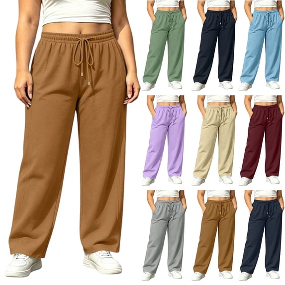 Women's Plus Size Brown Wide Leg Sweatpants, High Waist Drawstring Casual Athletic Long Pants with Deep Side Pockets, Loose Fit Lounge Workout Jogger Trousers Sizes L-4XL