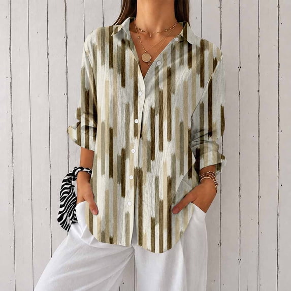 Women's Plus Size Brush Stripe Print Button Down Shirt, Long Sleeve Collared Casual Blouse