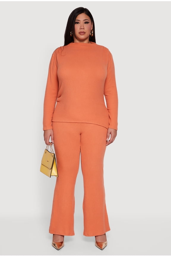Women's Plus Size Brushed Rib Knit Pull On Wide Leg Pants