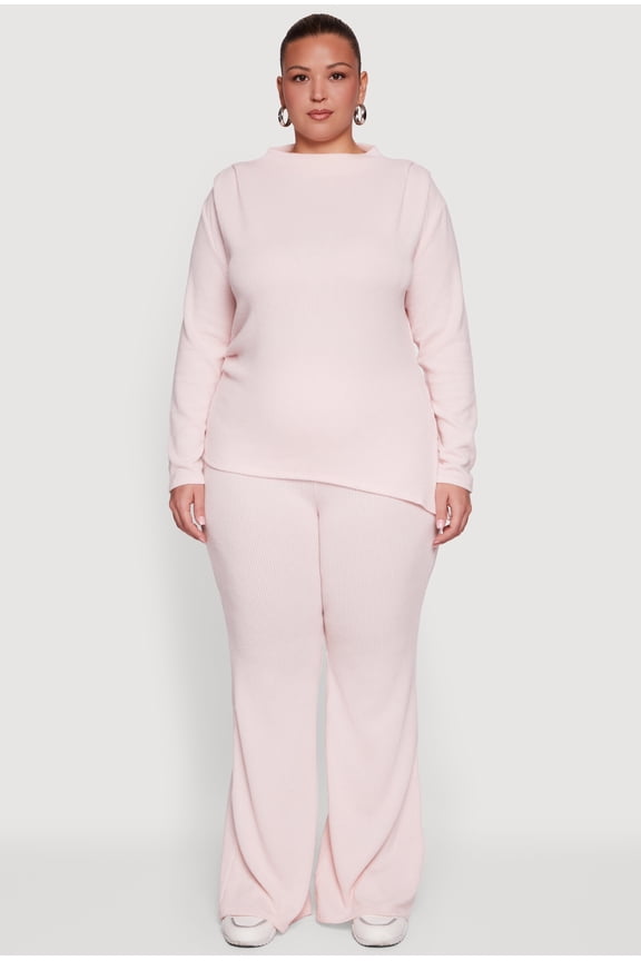 Women's Plus Size Brushed Rib Knit Pull On Wide Leg Pants