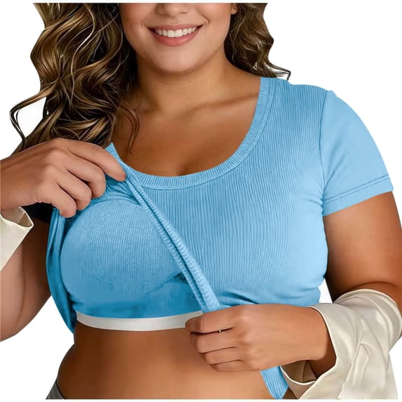 Women's Plus Size Built-in Bra T Shirt Top Short Sleeve Square Neck Ribbed Knitted Tees Casual Workout Athletic Going Out Tops
