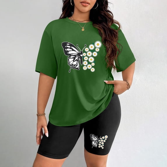 Women's Plus Size Butterfly and Daisy Print Short Sleeve T-Shirt & Shorts Set