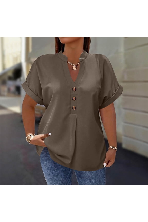 Women's Plus Size Button Blouse, V Neck Short Sleeve Elegant Casual Top, Flattering Office Wear for Business Settings or Commute,Brown - 5XL