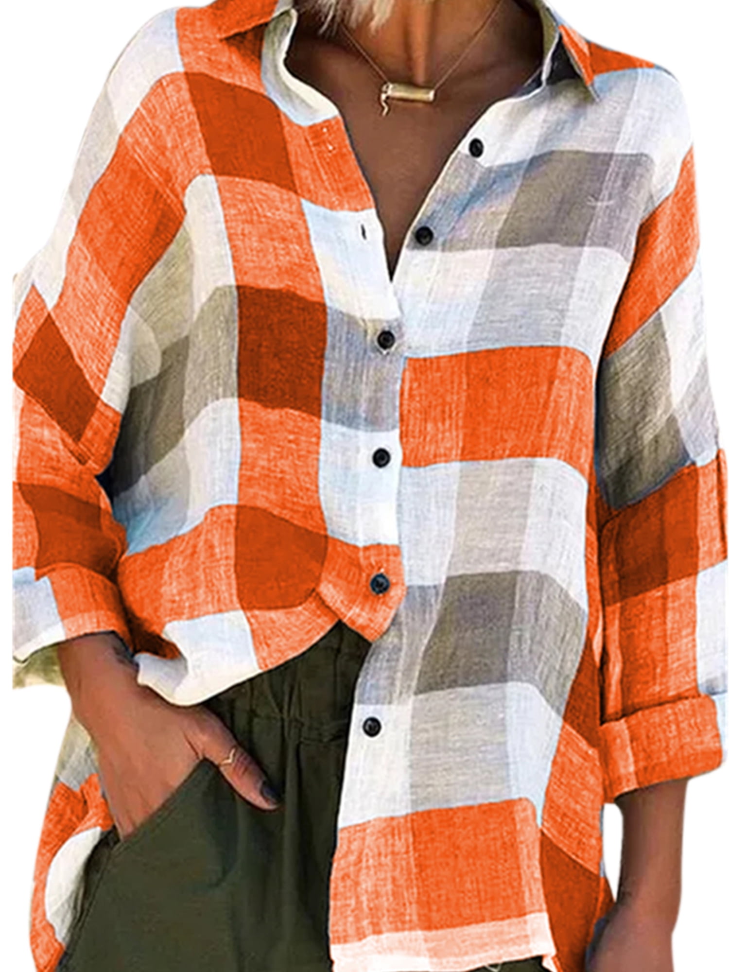 Women's Plus Size Button Down Plaid Tops Casual Loose Long Sleeve