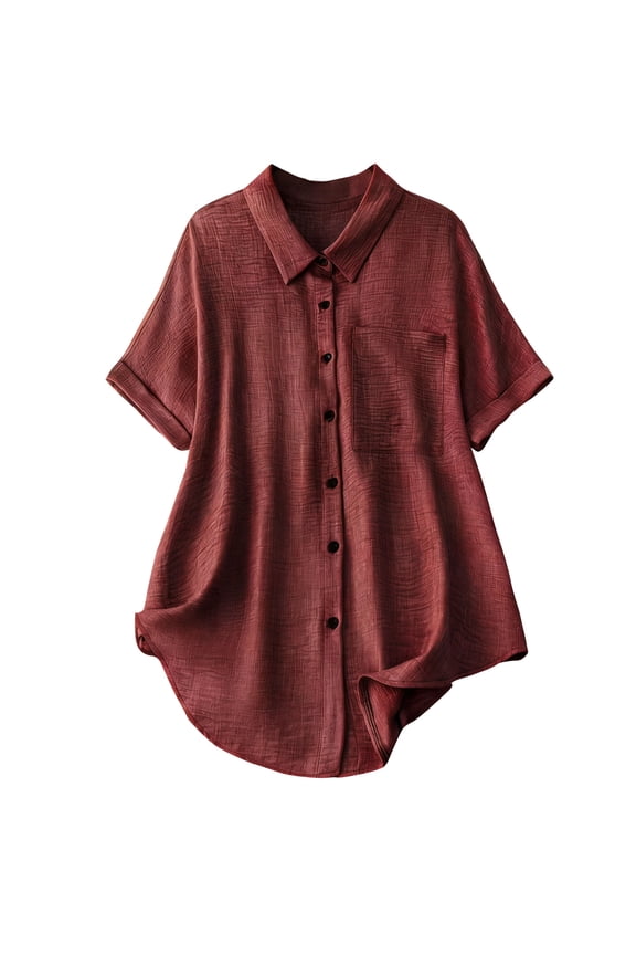 Women's Plus Size Button Down Shirts Loose Fit Collared Short Sleeve Solid Color Blouses with Chest Pocket