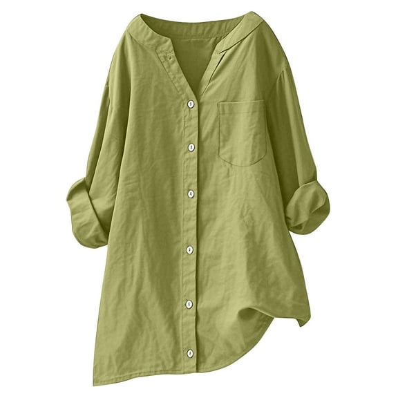 Women's Plus Size Button Up Shirts Linen Blend Comfy Loose Long Sleeve V Neck Dressy Blouse with Chest Pocket (2XL, Green)
