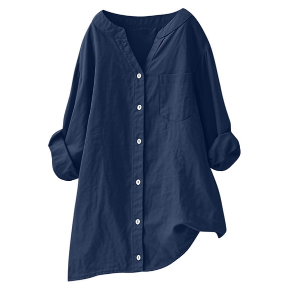 Women's Plus Size Button Up Shirts Linen Blend Comfy Loose Long Sleeve V Neck Dressy Blouse with Chest Pocket (3XL, Navy)