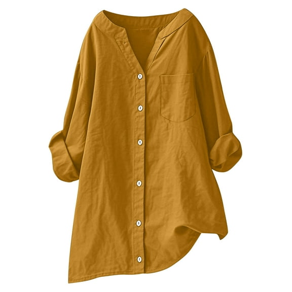 Women's Plus Size Button Up Shirts Linen Blend Comfy Loose Long Sleeve V Neck Dressy Blouse with Chest Pocket (4XL, Gold)