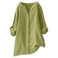 thumbnail image 1 of Women's Plus Size Button Up Shirts Linen Blend Comfy Loose Long Sleeve V Neck Dressy Blouse with Chest Pocket (4XL, Green), 1 of 6