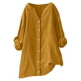 thumbnail image 1 of Women's Plus Size Button Up Shirts Linen Blend Comfy Loose Long Sleeve V Neck Dressy Blouse with Chest Pocket (5XL, Gold), 1 of 6