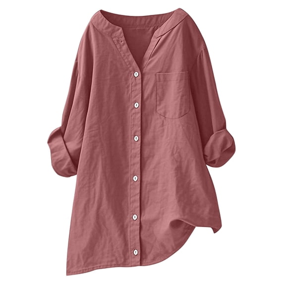 Women's Plus Size Button Up Shirts Linen Blend Comfy Loose Long Sleeve V Neck Dressy Blouse with Chest Pocket (M, Watermelon Red)
