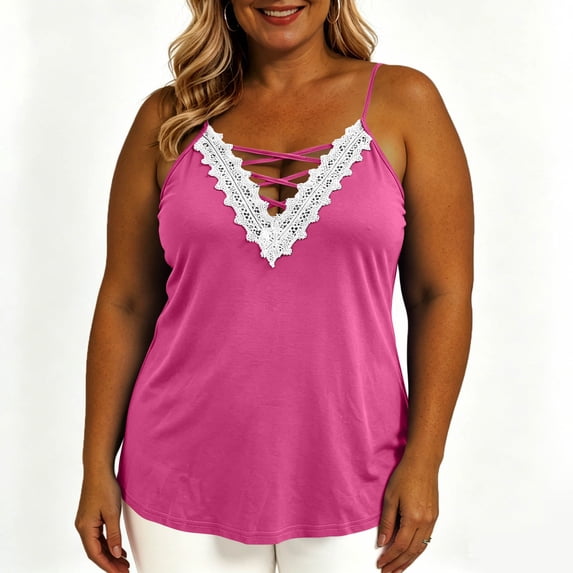 Women's Plus Size Cami Casual Spaghetti Strap V Neck Asymmetrical Hem Tank Top Hot Pink XXL