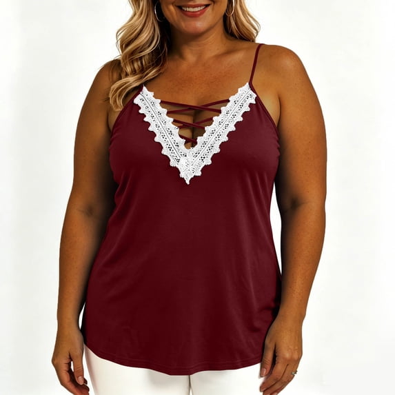 Women's Plus Size Cami Casual Spaghetti Strap V Neck Asymmetrical Hem Tank Top Wine XXL