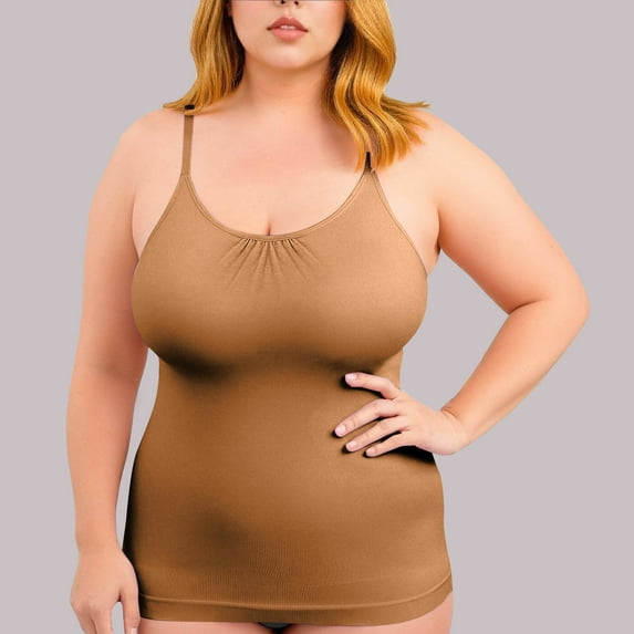 Women’s Plus Size Camisole Tank Tops Solid Color Crewneck Pleated Shaping Slim Fit Cami Spaghetti Strap Summer Basic Tops