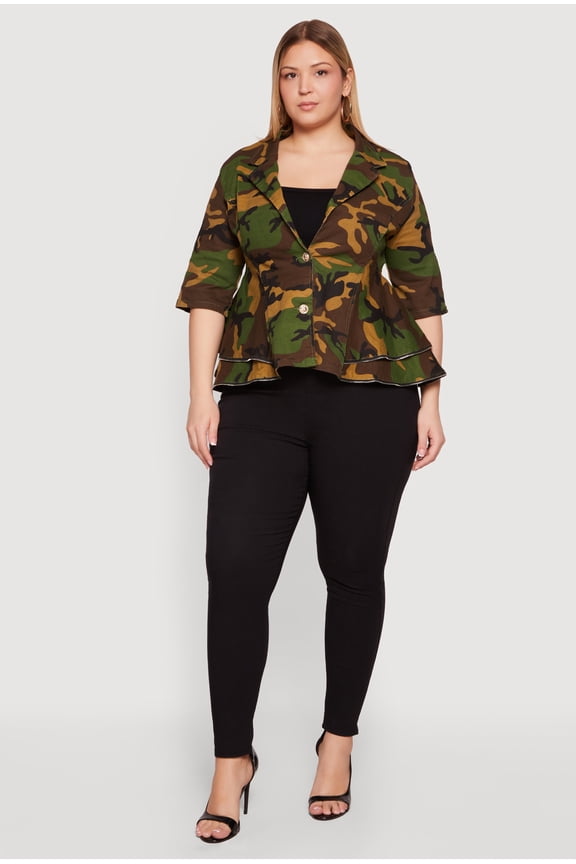 Women's Plus Size Camo Zipper Hem Button Front Denim Blazer