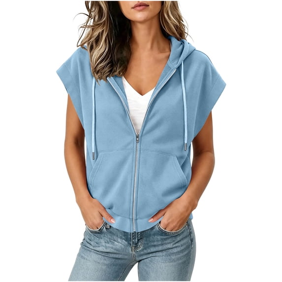 Women's Plus Size Cap Sleeve Hoodie Summer Loose Casual Zip Up Drawstring Tops with Pockets Light Blue
