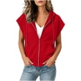 thumbnail image 1 of Women's Plus Size Cap Sleeve Hoodie Summer Loose Casual Zip Up Drawstring Tops with Pockets Red, 1 of 7