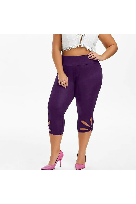 Women's Plus Size Capri Cropped Leggings Elastic Waist Stretch Soft Tights Cutout Trousers Casual Pants