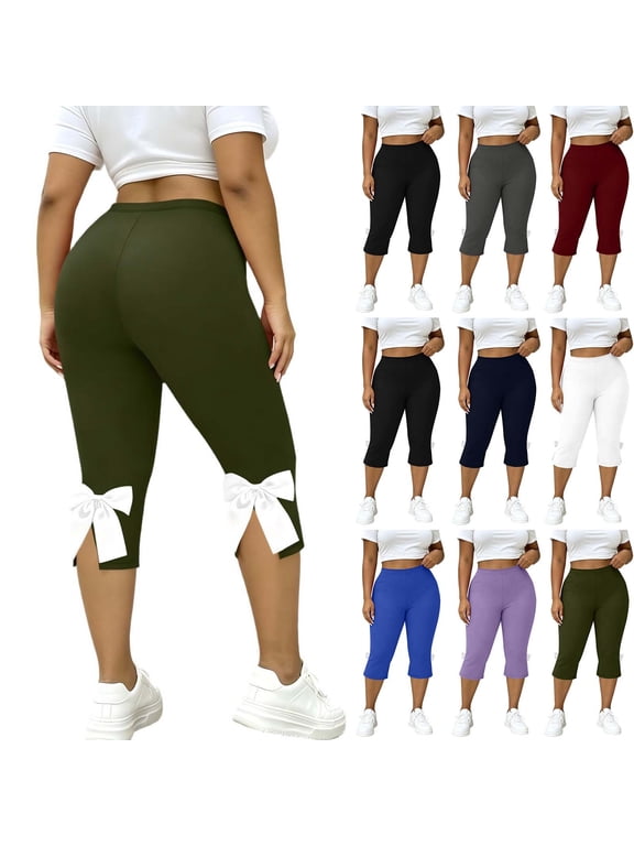Women's Plus Size Capri Leggings Bowknot Split Back Soft Stretch High Waisted Workout Yoga Cute Summer Capris (4XL, Green)