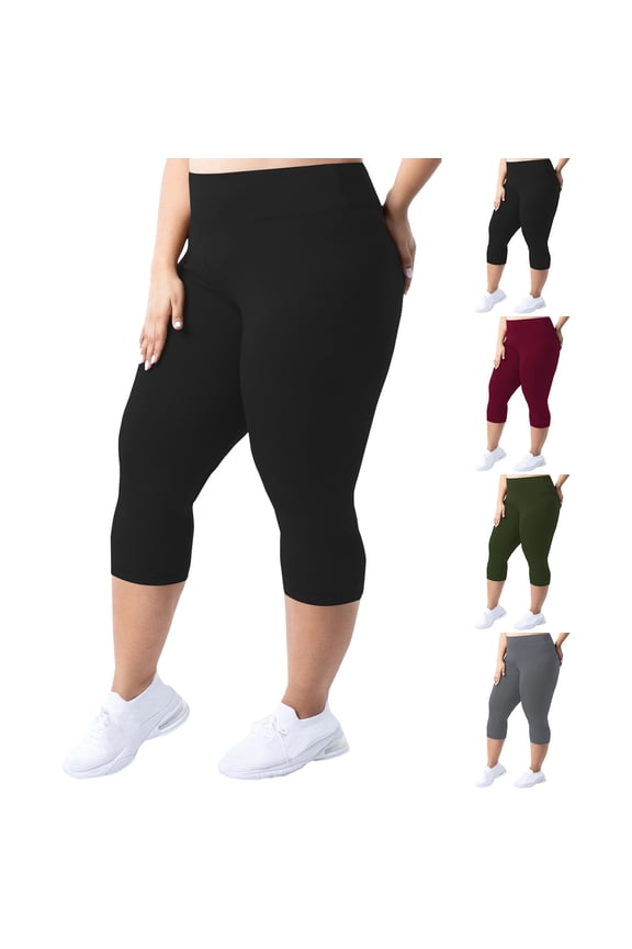 Women's Plus Size Capri Leggings High Waist Stretchy Workout Yoga Pants Casual Breathable Athletic Capri Trousers Black XXL