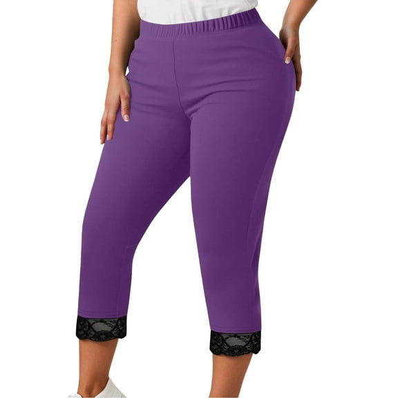 Women's Plus Size Capri Leggings with Lace Detail Stretchy Workout Casual Yoga Pants for All Seasons