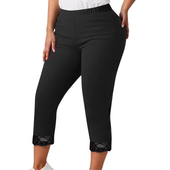 Women's Plus Size Capri Leggings with Lace Detail Stretchy Workout Casual Yoga Pants for All Seasons