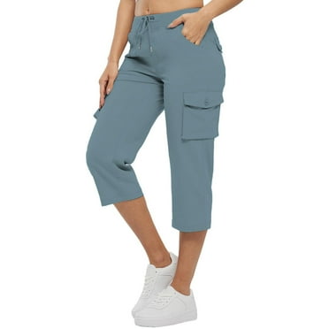 Women's Plus Size Capri Pant Straight Leg Casual Pants Drawstring High Waist Cargo Capris with Pocket