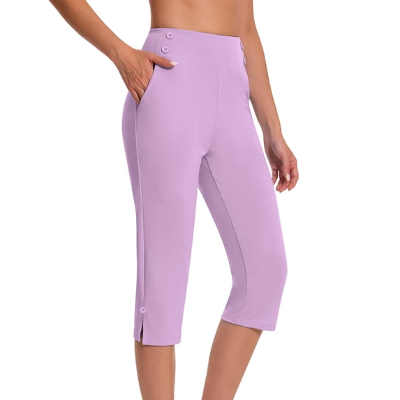 Women's Plus Size Capri Pants High Waist Stretchy Yoga Capris with Button Detail Casual Workout Cropped Pants (L, Purple)