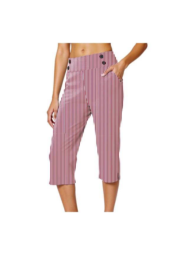 Women's Plus Size Capri Pants Striped Print High Waist Stretchy Comfy Capris Loose Wide Leg Crop Sweatpant Red 4X-Large