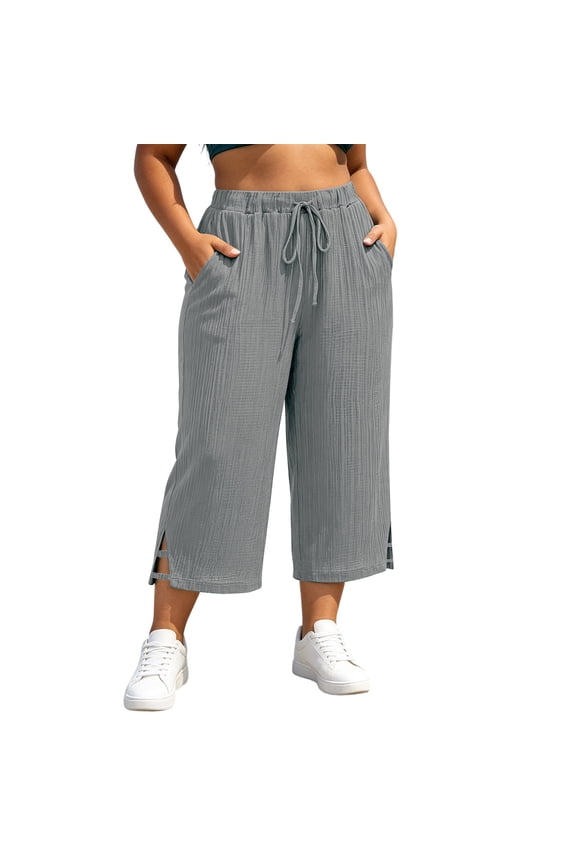 Women's Plus Size Capri Pants Wide Leg High Waisted Summer Side Slit Loose Drawstring Cropped Palazzo Trousers with Pockets, Womens Pants High Waisted Wide Leg