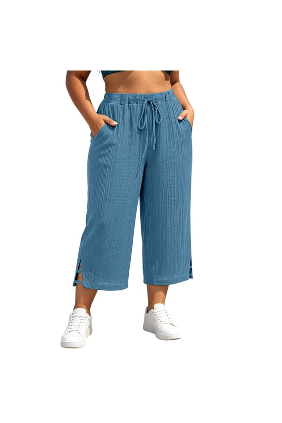 Women's Plus Size Capri Pants Wide Leg High Waisted Summer Side Slit Loose Drawstring Cropped Palazzo Trousers with Pockets, Womens Pants Summer Work