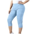 thumbnail image 1 of Women's Plus Size Capris - Ribbed Cropped Pants for Women Casual Solid Color Elastic Waist Stretch 3/4 Length Yoga Pants, Y-2-Light Blue, L, 1 of 8