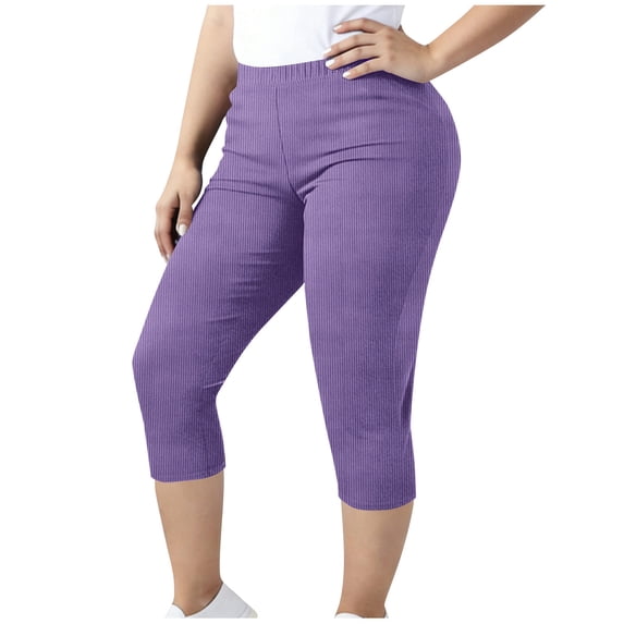 Women's Plus Size Capris - Ribbed Cropped Pants for Women Casual Solid Color Elastic Waist Stretch 3/4 Length Yoga Pants, Y-2-Purples, XXL
