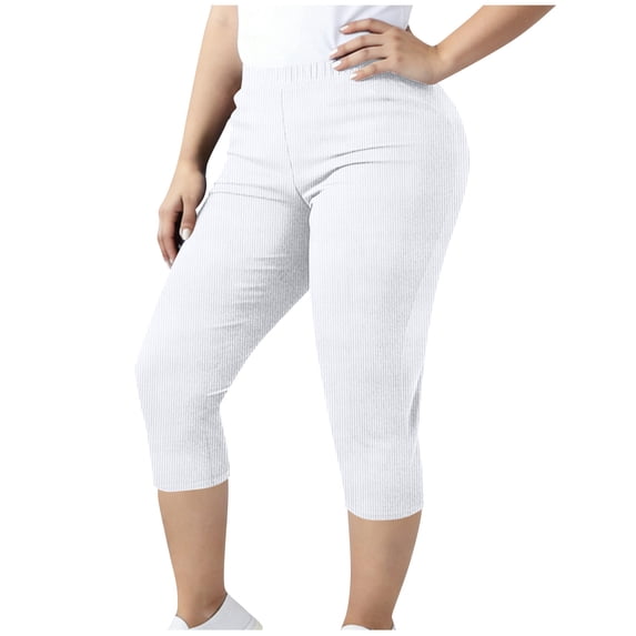 Women's Plus Size Capris - Ribbed Cropped Pants for Women Casual Solid Color Elastic Waist Stretch 3/4 Length Yoga Pants, Y-2-White, 3XL