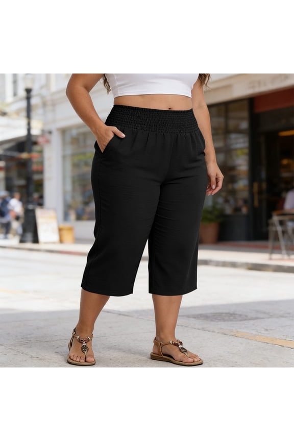 Women's Plus Size Capris,Wide Leg Loose Pants Casual Drawstring Capri Sweatpants Drawstring Pants with Pockets