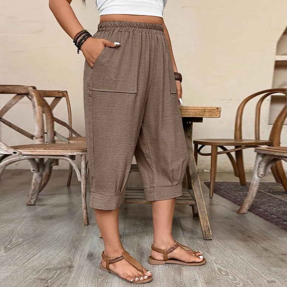 Women's Plus Size Cropped Capri Pants with Pockets Casual Solid Color