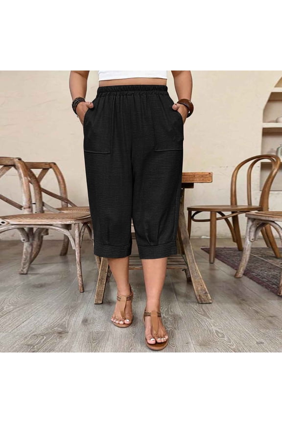 Women's Plus Size Cropped Capri Pants with Pockets Casual Solid Color