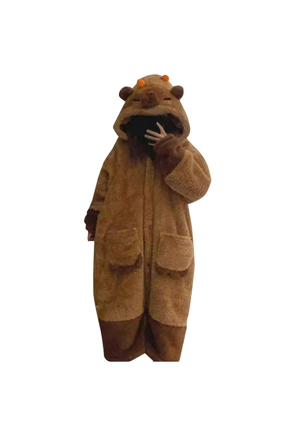 Women's Plus Size Capybara Hooded Robe - Button-Up, Long Sleeve, Polyester - Sizes M-XXL