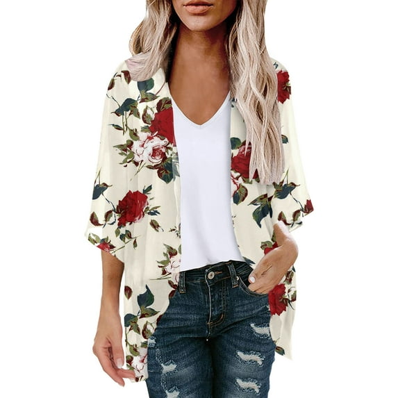 Women's Plus Size Cardigan Casual Floral Print Puff Sleeve Cardigan Loose Chiffon Cover Up Blouse Trendy Tops Beach Up to 65% off