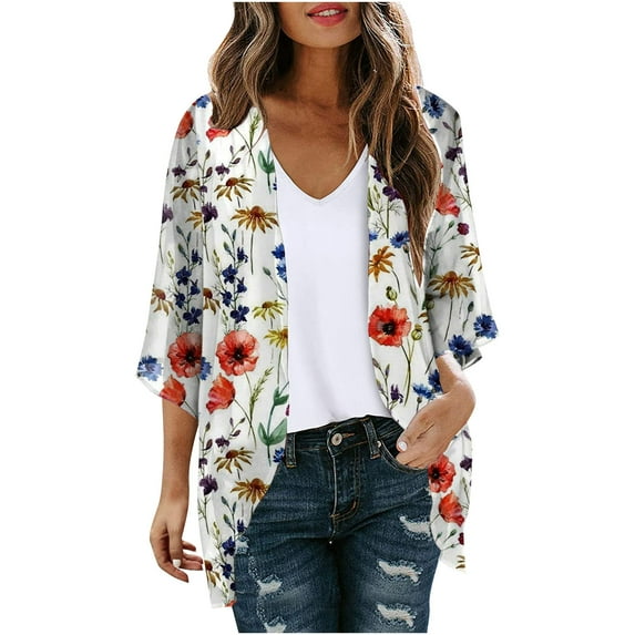 Women's Plus Size Cardigan Casual Floral Print Puff Sleeve Kimono Cardigan Loose Chiffon Cover Up Blouse Tops Beach on Clearance