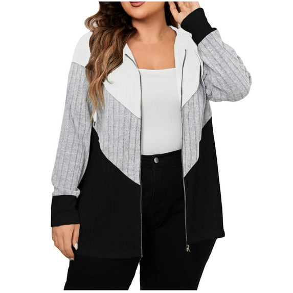 Women's Plus Size Cardigan Jackets Fashion Color Block Zip Front Open Coats Long Sleeve Knit Shirts