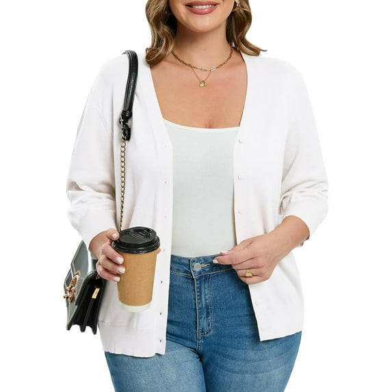 Women's Plus Size Cardigan Open Front Oversized Button Sweaters V Neck 3/4 Sleeve Knit Outwear